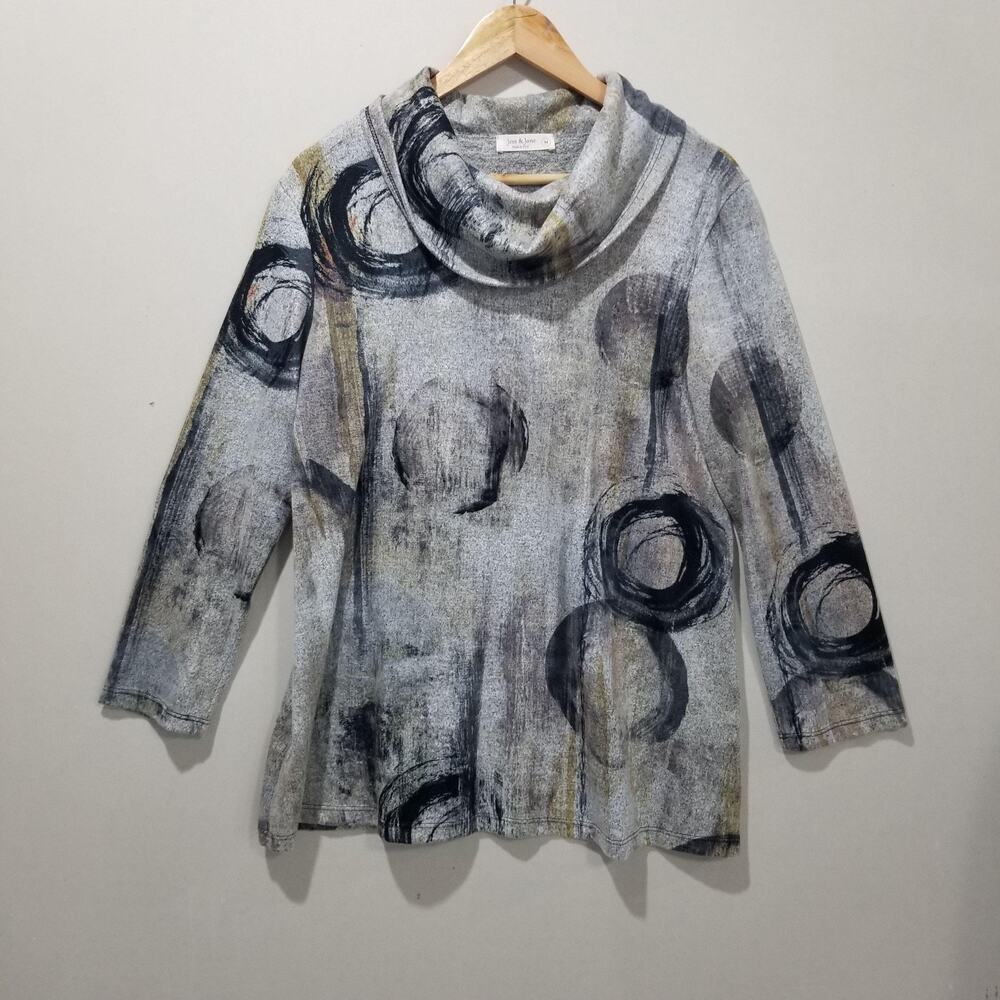 Jess & Jane Art To Wear Womens Medium Gray Abstract Cowl Neck Tunic Top USA